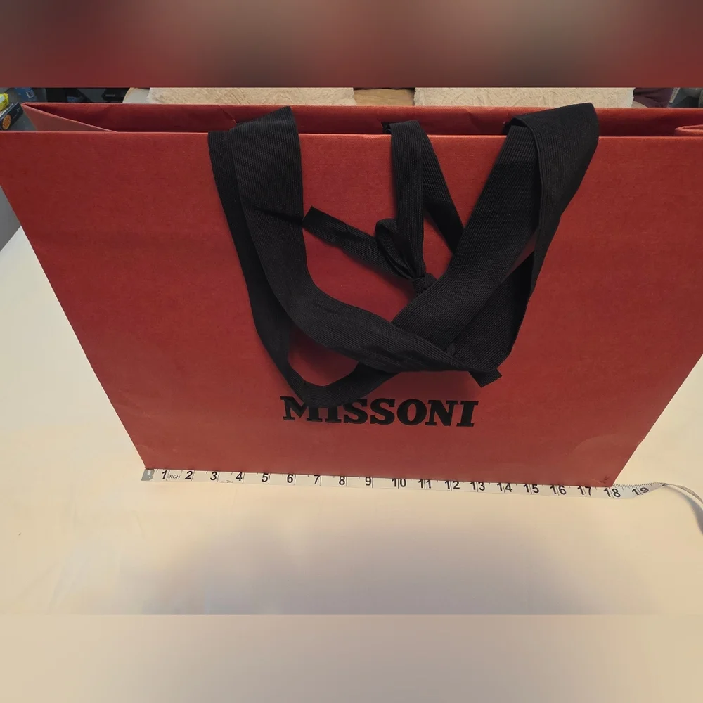 MISSONI Auth. Red Shopping Bag – Black Ribbon Handles, Large 18” x 14” x 6”